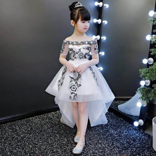 Girl Princess Dress Puffy Yarn Children Host Evening White Flower Children Wedding Dress Performance Dress 6-15 Years Old