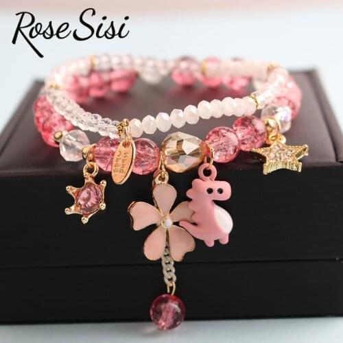 Rose sisi New arrival Korean style fresh floral burst beads womens bracelet star pendant Pink Flower jewelry for women