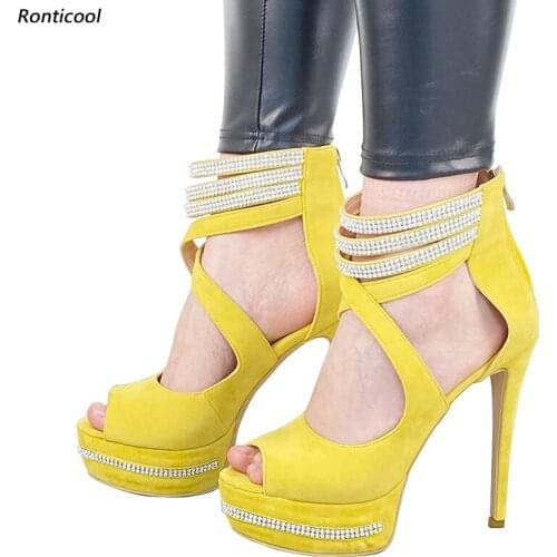 Ronticool Handmade Women Platform Sandals Crystal Sexy Stiletto High Heels Open Toe Gorgeous 9 Colors Party Shoes US Size 5-20