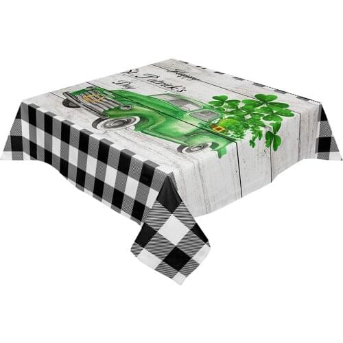 Happy Green Truck Shamrock Black Plaid Retro Wooden Burlap Table Cover