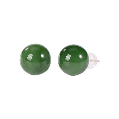 18K gold natural Hetian jade Jasper stud earrings simple fashion elegant round beads womens earrings