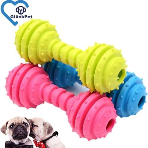 Pet Supplies TPR Barbell Toy Rubber Resistant Dog Teeth Bite Toy with Bells(Blue/Yellow/Pink Red)Dog Teething Cleaning