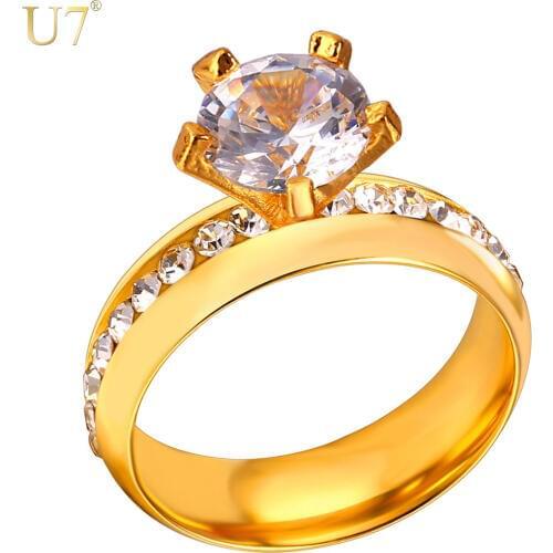 U7 Brand Fashion Engagement Rings For Women Jewelry Gold Color Stainless Steel Rhinestone Crystal Wedding Rings Gift R441