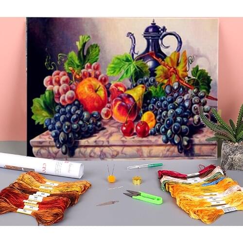 Fruit Printed Water-Soluble Canvas 11CT Cross Stitch Set Embroidery DMC Threads Sewing Handiwork Craft Handmade Design