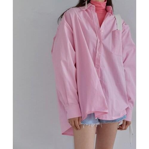 2021 New Autumn Pink Oversize One Pocket Womens Blouse OL Style Long Sleeve Single Breasted Loose Blouses Shirts Female