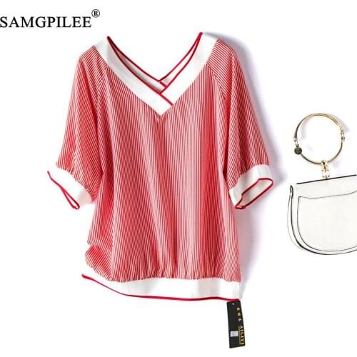 Summer T-shirt For Women 2021 New Korean Style Casual Chiffon Short Sleeve Striped V-neck Plus Size Oversized T Shirt Woman 4XL