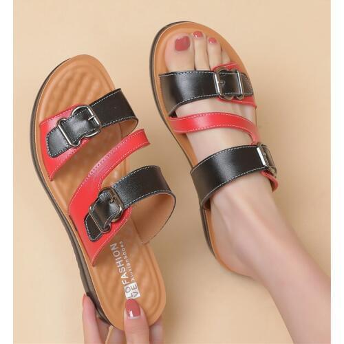 Women Sandals Summer Pu Leather Womens Slip On Casual Beach Sandals Shoes Female Low Heels Wedges Shoes mother slippers