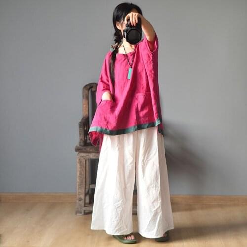 Women Loose Cotton Thin Elastic Waist Wide Leg Pants Ladies Vintage Plus Size Wide Leg Trousers Female 2020 Summer Pants