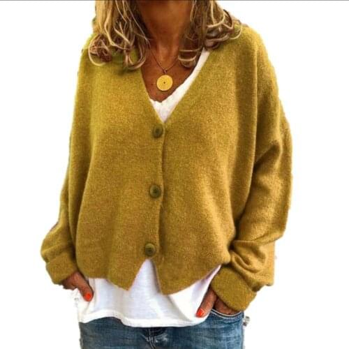 Plus Size Ladies Button Knit Cardigan Loose V Neck Long Sleeve Autumn Sweater Cardigans Coat Tops Blue Red Solid Female Outfits