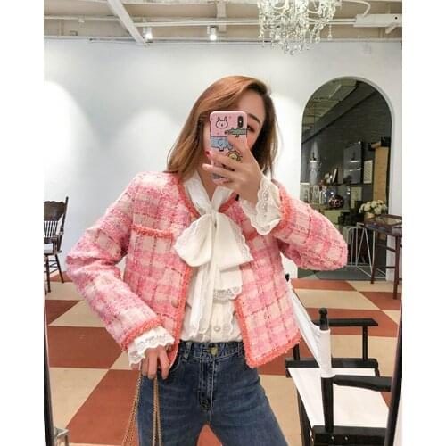 Korean Vintage Plaid Tweed Coat 2021 Autumn Winter Women Long Sleeve Single Breasted Woolen Jackets Office Lady Outwear