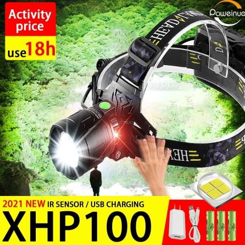 2021 NEW XHP100 IR Sensor LED Headlamp usb rechargeable headlight 18650 torch Camping Lantern Fishing head lamp XHP90 head light