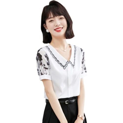 Womens Blouse Tops Embroidered Chiffon Shirt Womens Short Sleeve Loose Doll Collar Solid Color Top Blusas Mujer De Moda Verano