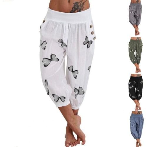 Women Plus Size Solid Color Casual Loose Harem Pants Butterfly Printed Capri Pants Boho Baggy Casual Sport Trousers 2021 Summer