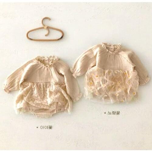 Sweet Daisy Embroidery Baby Girls Tulle Hem Romper Dress Spring Autumn New Infant Baby Girls Long Sleeve Cotton Jumpsuit