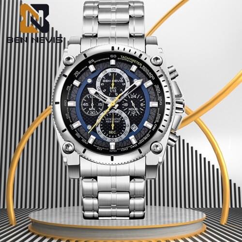 Mens Quartz Watch Top Brand BENNEVIS Watches Mens Business Stainless Steel Wristband Calendar Luminous Waterproof Wristwatches
