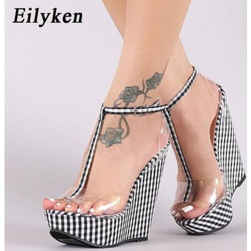 Eilyken Summer New Fashion Gingham PVC Transparent Ankle Buckle Strap Woman Sandals Platform Wedge High Heels Party Ladies Shoes