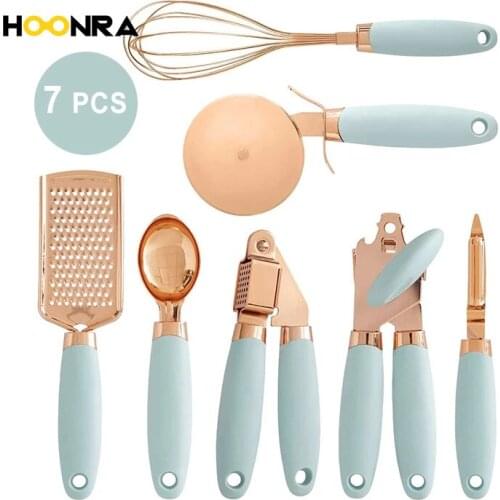 HOONRA 7 Pcs Kitchen Gadget Set Multifunction Kitchen Tools Copper Coated Stainless Steel Utensils with Soft Handle Garlic Press