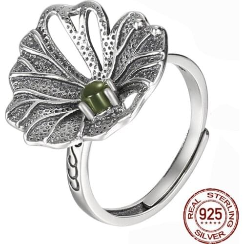 Thai Silver Lotus Leaf Ring 100% 925 Sterling Silver Women Jasper Stone Rings Adjustable bague femme Wedding Party Jewelry Gifts