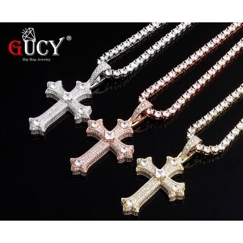 GUCY New Cross Pendant Necklace With 4mm Tennis Chain AAA Cubic Zircon Mens Women Hip hop Rock Jewelry For Gift