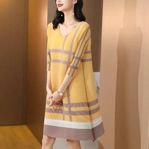 Summer Miyak Pleated Loose Mini Dress Women Round Collar Large Size Casual 2021 Stretch A-Line Dress Fashion Female Clothes