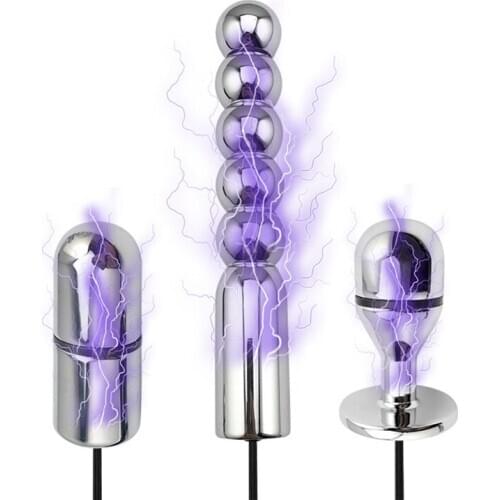 Metal Electric Shock Anal Plug Anal Pull Beads Electric Shock Vaginal Anal Butt Plug Dildo Anal Electro Shock Sex Toy For Couple