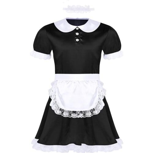 3Pcs Mens Nightwear Parties Sissy Girls Maid Dress Uniform Costume Doll Neck Short Sleeve Satin Dress with Headband and Apron