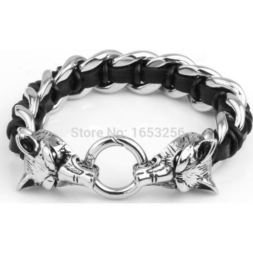 8.66'' Brand New Mens Jewelry Black Leather Bracelet With Stainless Steel Wolf Head Biker Bangle Fashion