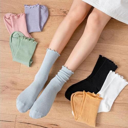 White Socks Women Cute Kawaii Frilly Ruffle Socks Cotton Purple Japanese Candy Skateboard Sport Socks Black Solid Slippers
