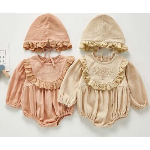 Autumn New Baby Girl Clothes Linen lace Baby Bodysuit Long Sleeve Jumpsuit With Hat Newborn Clothes Baby One piece Outfit