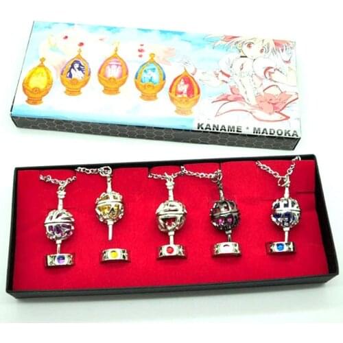 Anime Cosplay Puella Magi Madoka Magica Soul Gem 5 Pendant Necklace + 5 Rings with Box Children Gift Collection Cosplay Costume