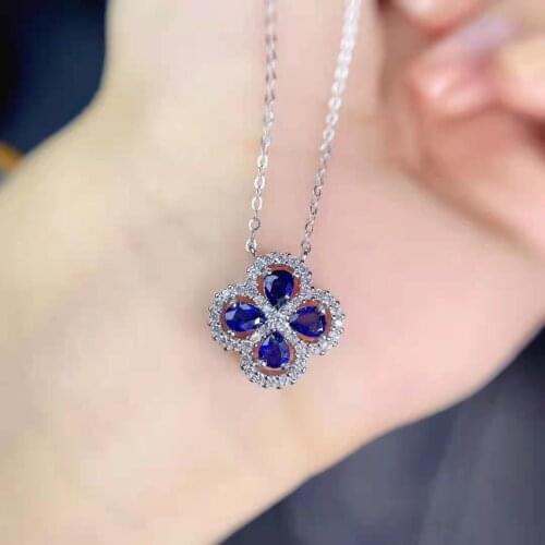 Natural Sapphire Flower Pendant Necklace Real 925 Pure Silver Fine Fashion Wedding Jewelry for Women MeiBaPJFS