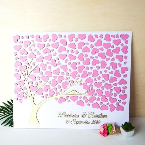 Personalized Rustic Wooden Wedding Guest Book, Unique Pink Theme 3D Guestbook Sign,Custom with Couple Name and Wedding Date Sign