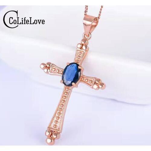 Vintage cross necklace pendant 5*7mm natural dark blue sapphire gemstone cross pendant solid 925 silver sapphire pendant
