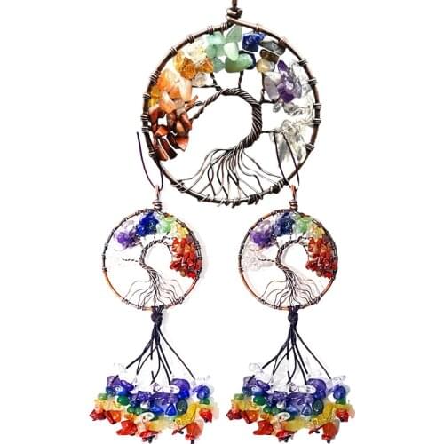 Car Key Hanging Decorations Natural Crystal Stone 7 Chakra Round Tree Of Life Pendant Holder Key Bags Accessories Keychain Decor