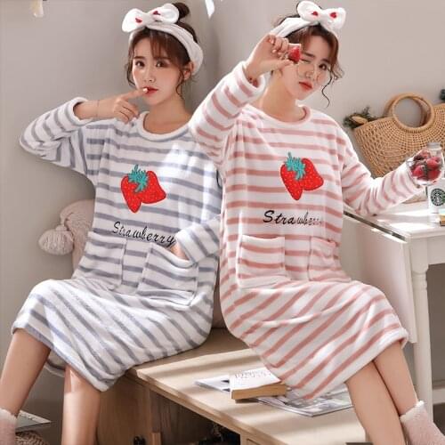 Casual Striped Thick Warm Flannel Nightgowns For Women Winter Long Sleeve Coral Velvet Sleepwear Night Dress Nightdress Nighty