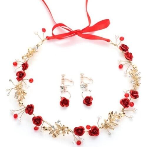 Gold Rhinestone Leaf Red Rose Flower Ribbon Headband Hair band Women Girl Headpiece Tiaras Wedding Bridal Hair Earrings Jewelry