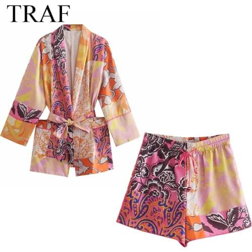 TRAF Womens Clothing 2021 Shorts Sets Fashion Print Kimono Shirt High Waist Elastic Shorts Casual Suits With Shorts Street Wear
