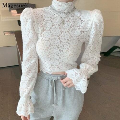 Vintage Floral White Lace Blouses Shirts New Spring Puff Sleeve Casual Solid Shirt Tops Short Sexy Crop Top Clusas Mujer 12710