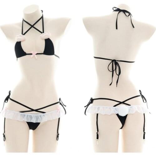 Japanese Sexy Soft Girl Kawaii 3D Plush Cats Paw Bikini Suit Cute Bowknot Lace-Up Bra & Panties Underwear Set Private Pajamas