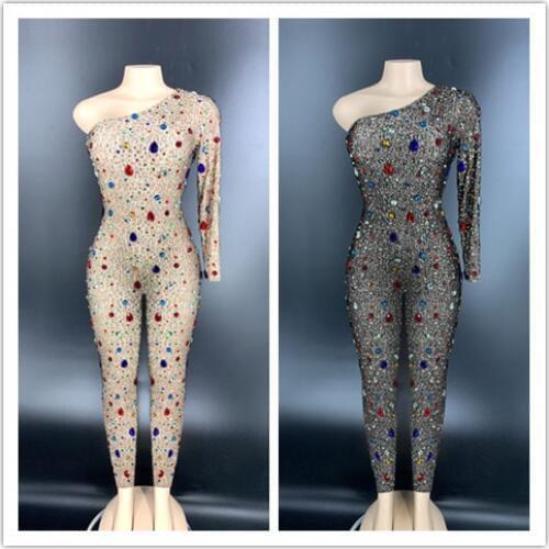 2020 Sparkly Multi-color Glass Rhinestones Long Jumpsuits Womens Birthday Celebrate Outfit One Sleeve Dancer Jumpsuits