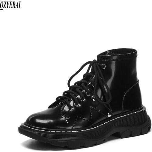 QZYERAI New style Genuine leather Female boots leisure Womens boots scooter black cowhide Womens shoes Size 34-40