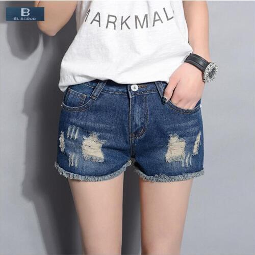 [EL BARCO] 2017 Summer Denim Cotton Ripped Holes Casual Shorts Women Pockets Straight Solid Blue Breathable Female Shorts Jeans