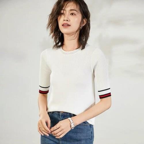 Women Summer Half Sleeve T Shirts O Neck Knitted Stripe Contrast Ice Silk Loose Chic Tops Korean Style Femme Hollow Out Tee