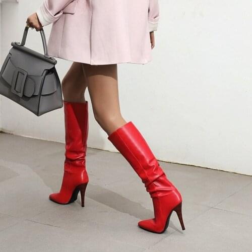 2021 Hot Sale Knee High Boots Women Pleated Pointed Toe SuperThin High Heels Dress Party Shoes Autumn Winter Long Boots Woman
