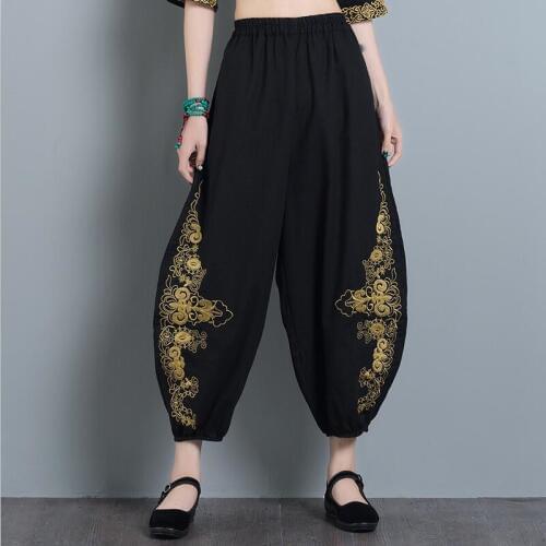 Bohemian Style 2020 women spring loose Ankle-length pants embroidery mid elastic waist harem pants Vestido plus size women pants