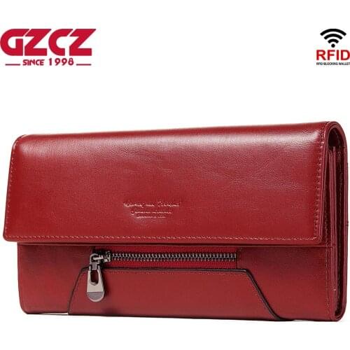GZCZ Genuine Leather Women Wallet Red Female Long Clutch Lady Fashion Portomonee Luxury Girls Money Bag Magic Zipper Coin Purse