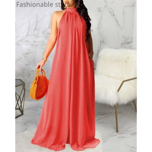 Women Solid Color Sleeveless Backless Ruched Chiffon Maxi Dress