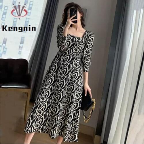 Loose Oversized 4XL Womens Dresses Autumn French Style Office Lady Work Vestidos Dress Vintage Ruffes Print Black Dress KE1732
