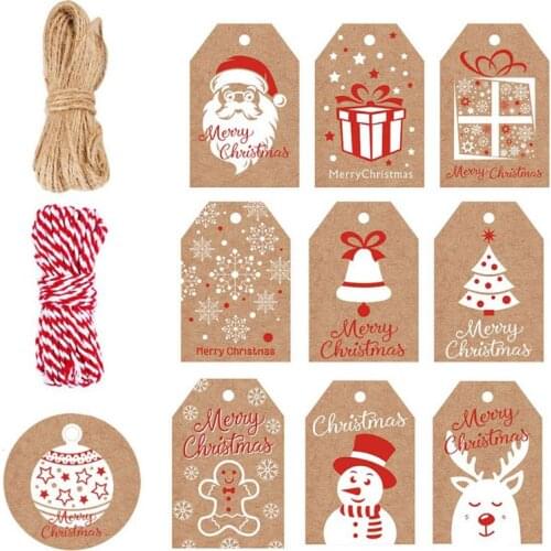 100 Pcs Christmas Retro Kraft Paper Tag Snowflake Xmas Tree Santa Claus Gift Bell Tags Paper DIY Blessing Cards