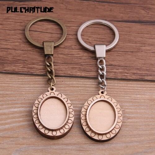 2pcs 18*25mm Oval Wood Cabochon Settings Metal Keyring Accessories Diy Blank Wooden Base Trays For Key Chain
